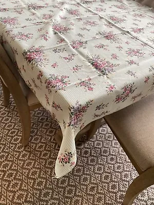 Vintage Rectangle Tablecloth White Aqua Stripe Floral 51 X 69 • $20