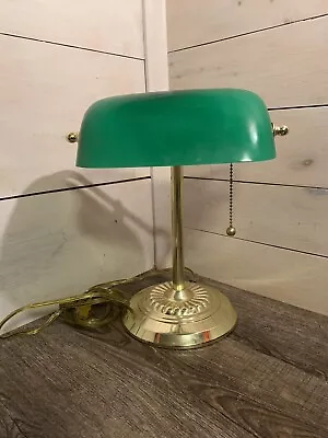 Bankers Lamp Green Glass W/ Gold Base Pull Chain Working Vintage • $34.99