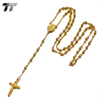 TT 4mm 14K Gold GP Stainless Steel Rosary Bead Necklace (RB15J) NEW • $27.99