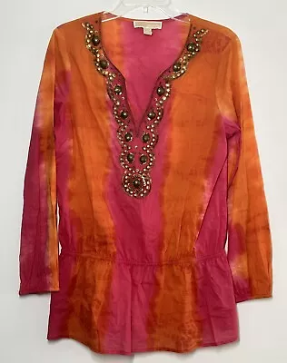 Michael Kors Women’s M Beaded Sequin Blouse Long Sleeve Pink Orange Peplum • $8