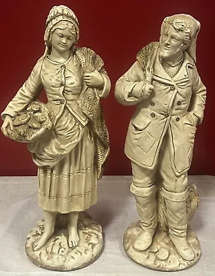 Rare Vintage Marwal Inc. Chalkware Pair Of 18” Statues- Man & Woman W/ Basket • $71.95