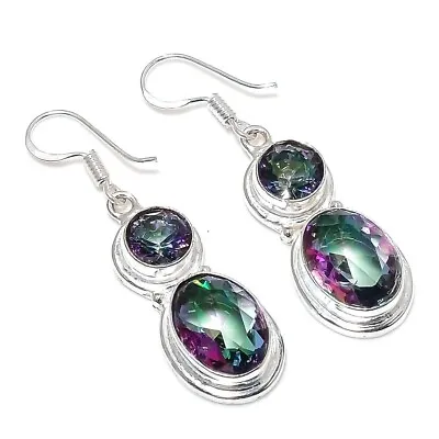 Mystic Topaz Gemstone Handmade 925 Sterling Silver Jewelry Earring Size 1.8  • $11.39