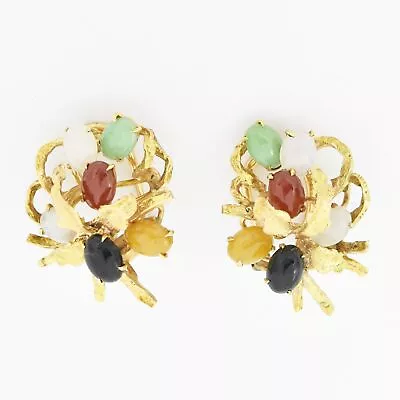 14k Yellow Gold Estate Multi Colored Jade Omega Back Earrings • $720.89