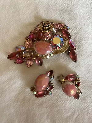 Vintage ALICE CAVINESS Brooch & Earring Set Pink Cabochons Facet Cut Stones AB • $59