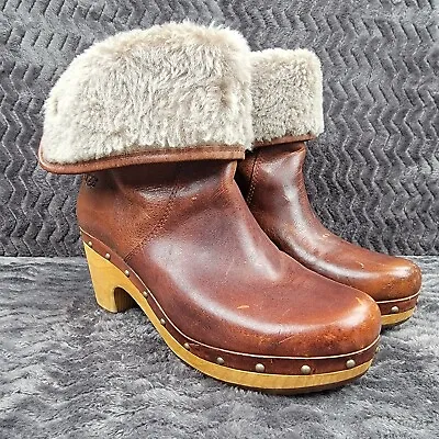 UGG Leather Clog Boots Womens 6 US Brown Lynnea Shearling Cuff Fold Over Studded • $22.67