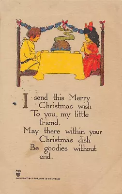 VOLLAND ARTS & CRAFTS CHRISTMAS POSTCARD ~ BOY & GIRL PLUM PUDDING ~ Used 1911 • $11.49