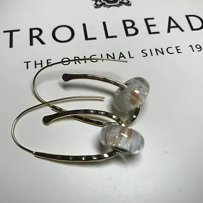 Trollbeads White With Gold Shimmer Sirocco 2 Glass Drop Sterling Silver Earrings • $118.12