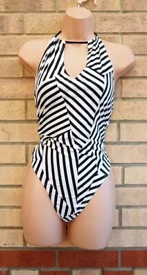 Primark White Black Striped Nautical Halterneck Swimsuit Bikini Top Bodysuit 12 • £14.99