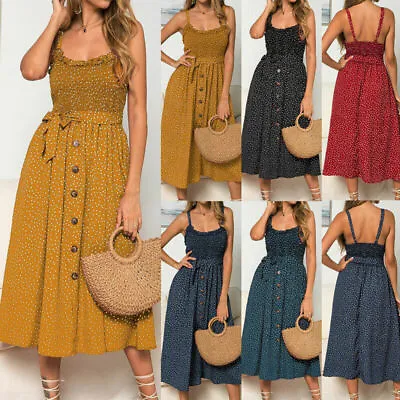 £10.35 • Buy Womens Summer Beach Boho Cami Dress Ladies Strappy Polka Dot Ruffle Sundress