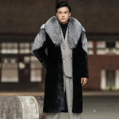Mens Warm Overcoat Faux Fox Mink Fur Lapel Collar Long Coat Jacket Outwear Parka • $115.99