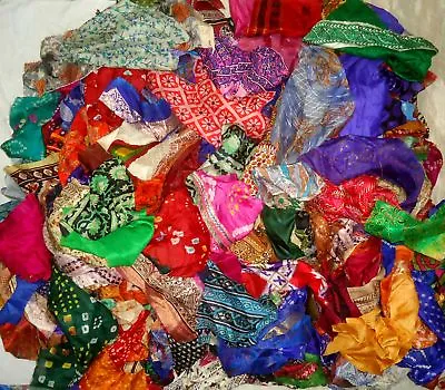 TD LOT ART SILK Antique Vintage Sari REMNANT Fabrics 100 GRAMS MIXED COLORS • $18.79