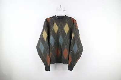 Vtg 50s 60s Streetwear Mens M Mohair Wool Blend Knit Argyle Diamond Sweater USA • $79.96