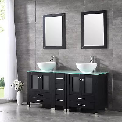 60  Bathroom Vanity Double Sink Cabinet Ceramic Vessel Combo W/Mirror Faucet Set • $959.99