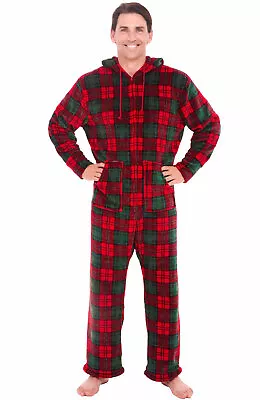 Alexander Del Rossa Men's Plaid Fleece Hooded Footed Jumpsuit Pajama SM • $22.99