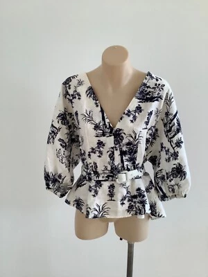 $99 • Buy Mint Scanlan Theodore White/black/blue Toile Palm Tree Print Peplum Linen Top 12