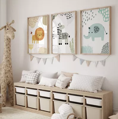 £9.99 • Buy Set Of 3 Safari Animal Nursery Prints, Jungle Wall Art Kids