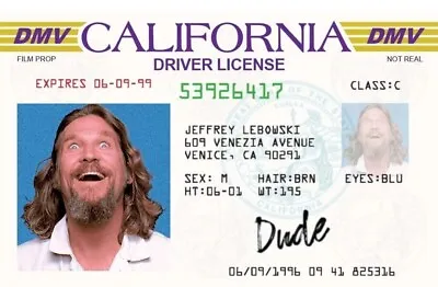  THE DUDE  ID CARD - Big Lebowski Drivers License - CA California Movie Prop • $6.50