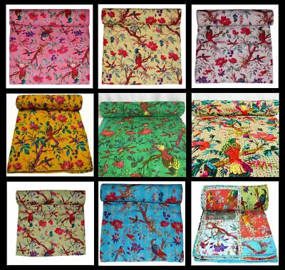 £43.86 • Buy Kantha Quilt Cotton Indian Bird Print Bedspread Handmade Bedding Blanket Throw