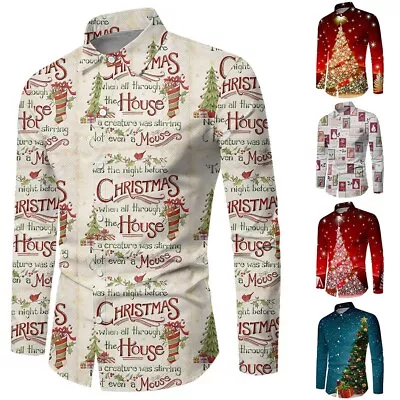 Fashionable Men's Christmas Top Blouse Button Up Long Sleeve Dress Shirt • £11.38