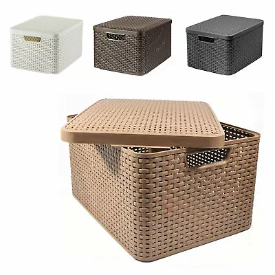 Large Storage Box Basket With Lid Size L Rattan Style Container 4 Colours Curver • £17.17