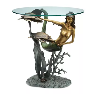 Bronze Finish Mermaid And Sea Turtles Glass Top End Table • $605