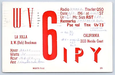 QSL CB Ham Radio WV6IPY La Jolla California Vtg San Diego County CA 1960 Card • $5