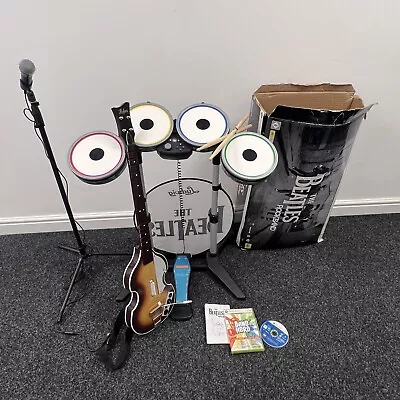 Rock Band The Beatles Drum Kit Guitar Bundle Xbox 360 Mic Game Tested & Working • £199.99