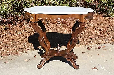 Walnut Victorian Rococo Turtle Marble Top Center Parlor Table ~ Ca.1860 • $625.50