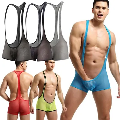 Mens Mesh Sheer Suspender Jockstrap Leotard Underwear Wrestling Singlet Bodysuit • $12.96