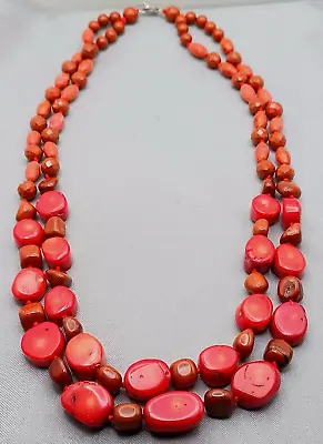 Red Coral & Jasper Necklace Sterling Silver Two Strand 20  • $32.99