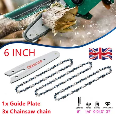 3X Chainsaw Saw Chain Blade +Guide Bar For 6  Mini Cordless One-Hand Wood Cutter • £12.59