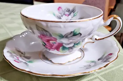 Ucagco China Made In Japan White Gold Floral Teacup And Saucer Vintage Set • $18.99