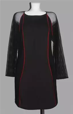 Macy's Fashion Star Neoprene-Like Long Mesh Sleeves Sides Black Dress Wms 16 EXC • $32.99
