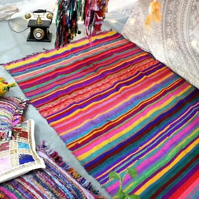 $22.57 • Buy Chindi Area Rag Rug Floor Mat Yoga Cotton Handmade Rainbow Rug Decorative 6*3FT