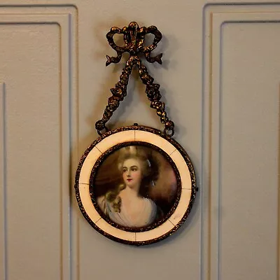 Antique 19th Century French Miniature Portrait Painting Of A Lady Hanging Frame • $325