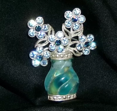 Vintage AVON SH Flower Vase Brooch Pin-Rhinestones Turquoise Lucite Vase-Signed • $25.55