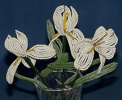 Vintage French Glass Beaded White Iris Flower Bouquet • $27.99