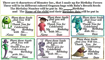 24 Birthday Seed Favors  Monster Inc.Theme   U Choose Seeds + BAGS + NAME + DATE • $8.99