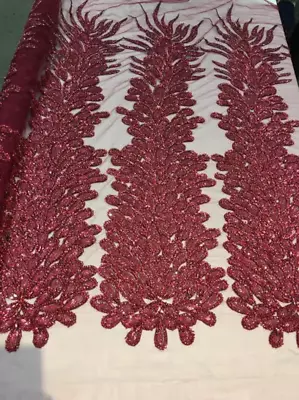 BURGUNDY Peacock Sequin Gem Beaded Mesh Gowns Lingerie Fabric SOLD BY THE PANEL • £45.36