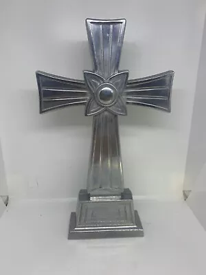 Vintage 10.75  Tall Silver Tone Metal Cross Crucifix Celtic - Free Standing • $38.99