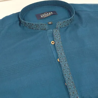 Men's Petrol Blue Kurta With Placket Embroidery • £25