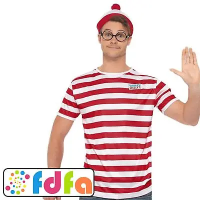 Smiffys Official Where's Wally Kit T-Shirt & Hat Adults Mens Fancy Dress Costume • £19.49