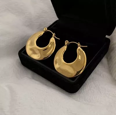 9ct Gold Filled 22mm Flat Textured Creole Huggie Hoop Earrings + Gift Box • £14