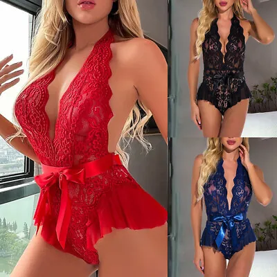 Sexy Womens Lace Mesh Bodysuit Lingerie Babydoll Nightwear Underwear Outfit Size • £6.99