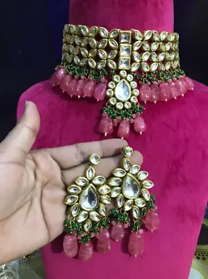 Pakistani Kundan Wedding Gold Tone Choker Meenakari Designer Bollywood Jewelry • $118.99