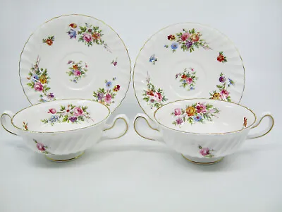 2 Sets Minton Marlow Footed Cream Soup Bowl & Saucer 2 Handles Globe Backstamp • $39.85