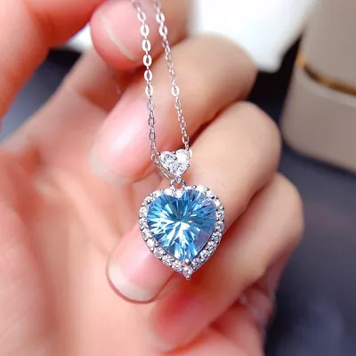 Blue Crystal Heart Pendant Necklace  925 Sterling Silver Women Girls Jewelry UK • £3.79