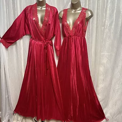 VTG M L Candy Red Peignoir Set Nightgown Lace Robe Sexy Lingerie Nylon  Olga Esq • $99.99