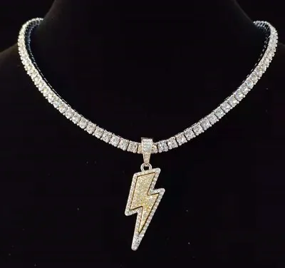 Men Hip Hop Lightning Pendant Necklace With 4mm Zircon Tennis Chain Iced Out • $11.39