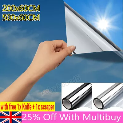 One Way Silver Reflective Mirror Window Tint Glass Block Heat UV Glare Film 2/5M • £8.39